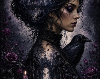 Gothic Raven Woman Poster, Dark Fantasy Wall Art, Gothic Castle Print, Moonlit Crow Decor, Victorian Gothic Home Decor