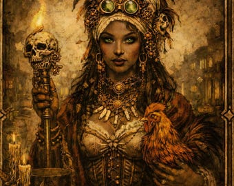 Steampunk Witch Poster, Gothic Sorceress Wall Art, Skull Staff Raven Decor, Dark Fantasy Print