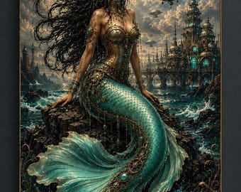 Steampunk Mermaid Wall Art Print | Dark Fantasy Sea Siren Poster | Art Nouveau Ocean Goddess Decor | Teal Gold Nautical Fantasy Artwork
