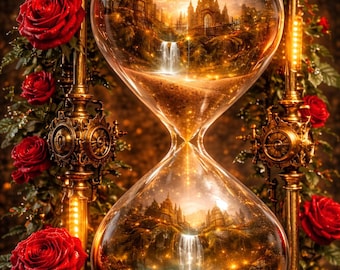 Steampunk Hourglass Poster, Gothic Castle Wall Art, Romantic Fantasy Decor, Vintage Clockwork Print