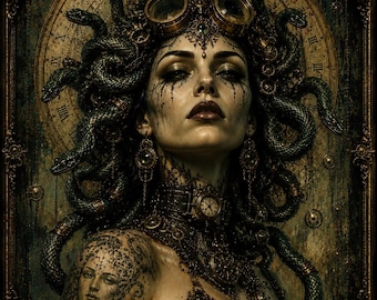 Steampunk Medusa Wall Poster, Gothic Clockwork Goddess Art Print