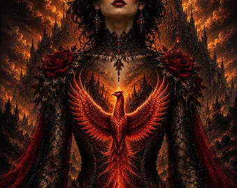 Dark Phoenix Queen Gothic Fantasy Poster | Fiery Gothic Wall Art | Dark Surreal Queen Print | Gothic Home Decor | Fantasy Art Print