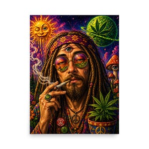 May include: A vibrant poster featuring a psychedelic illustration of a man with dreadlocks smoking a joint. The artwork includes a winking sun, a cannabis planet, and colorful details, with the words "Make Love Not War" on a pendant.