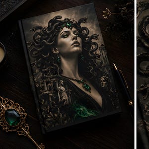 May include: A hardback journal featuring a dark, detailed illustration of Medusa with snakes for hair, green gemstone jewellery, and ancient stone ruins in the background. The cover art displays a dramatic, moody aesthetic with deep shadows and highlights.