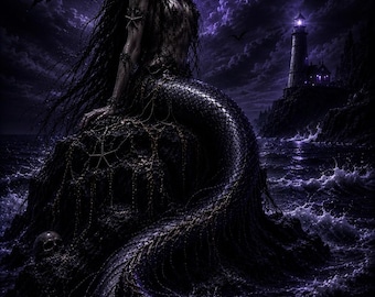 Dark Siren Mermaid Wall Art | Gothic Fantasy Ocean Poster | Purple Moon Mermaid Print | Dark Academia Mythical Sea Goddess Decor
