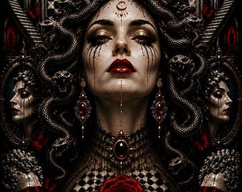 Gothic Medusa Wall Art, Dark Surrealism Snake Goddess Poster, Red Rose Gothic Decor, Mythology Fantasy Portrait Print, Dark Academia Artwork