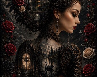 Dark Swan Queen Poster, Black Swan Princess Print, Dark Fairytale Decor, Gothic Castle Art, Surreal Fantasy Poster, Dark Academia Gift