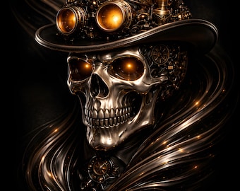 Steampunk Skull Poster, Gothic Skeleton Wall Art, Victorian Top Hat Decor, Dark Industrial Print