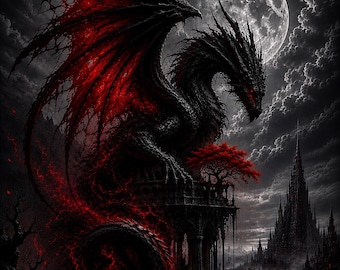 Dark Gothic Dragon Wall Art | Black Red Fantasy Dragon Poster | Moonlit Castle Print | Dark Fantasy Decor | Gothic Mythical Creature Artwork