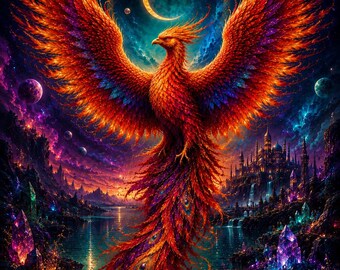 Cosmic Phoenix Wall Art Print | Jewel Tone Fantasy Phoenix Poster | Mythical Bird Celestial Artwork | Fire Phoenix Galaxy Decor