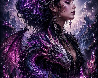 Dark Crystal Dragon Queen Poster | Gothic Fantasy Wall Art | Purple Dragon & Sorceress Print | Mystical Gothic Home Decor