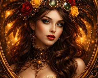 Steampunk Goddess Portrait Poster, Victorian Fantasy Woman Wall Art, Gothic Feminine Decor Print