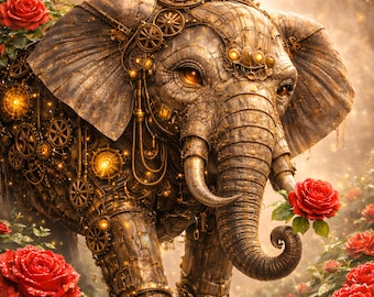 Steampunk Elephant Poster, Mechanical Animal Wall Art, Vintage Gold Decor, Fantasy Rose Print