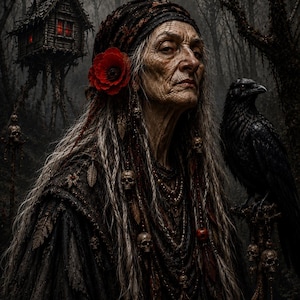 Baba Yaga Wall Art Print | Dark Gothic Witch Portrait | Raven Fantasy Artwork | Slavic Folklore Decor | Moody Witchcore Forest Poster