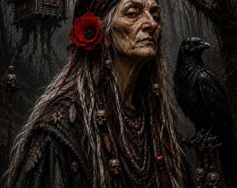 Baba Yaga Wall Art Print | Dark Gothic Witch Portrait | Raven Fantasy Artwork | Slavic Folklore Decor | Moody Witchcore Forest Poster