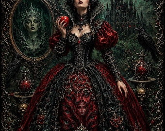 Dark Poison Apple Queen Gothic Fantasy Poster, Dark Fairytale Wall Art, Gothic Rococo Queen Print, Raven Castle Decor, Moody Fantasy Artwork