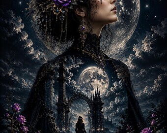Moon Goddess Gothic Wall Art Print, Celestial Moon Phase Poster, Dark Fantasy Lunar Queen Decor, Mystical Gothic Home Decor