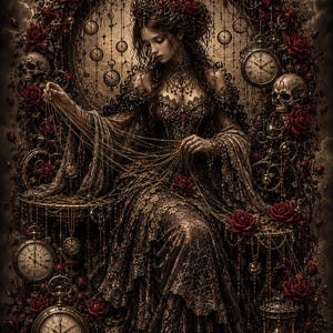 Puede incluir: Una figura con un vestido oscuro y ornamentado con encaje intrincado se sienta entre una colección de relojes antiguos, rosas rojas y cráneos humanos. La figura sostiene cadenas doradas finas, rodeada de relojes de bolsillo colgantes y un reloj de arena sobre un fondo nublado.