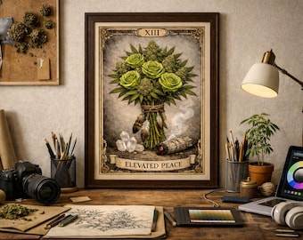 Elevated Peace Tarot Poster – Cannabis Rose Bouquet Art Print – Marijuana Wall Art – Mystic Botanical Decor – Spiritual Stoner Gift