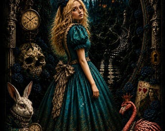 Dark Wonderland Alice Poster, Surreal Fairytale Print, Teal Gold Victorian Alice Decor, Dark Academia Fantasy Artwork