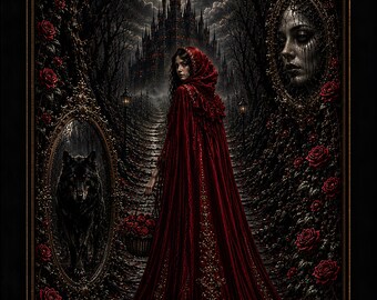 Dark Red Riding Hood Gothic Poster | Fantasy Fairytale Wall Art | Crimson Cloak Dark Academia Print | Gothic Castle & Wolf Artwork