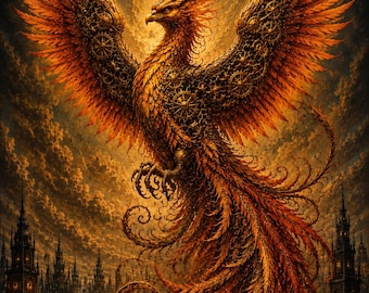 Steampunk Phoenix Wall Art Print, Gothic Fantasy Phoenix Poster, Mechanical Firebird Artwork, Dark Fantasy Decor, Mythical Bird Wall Decor