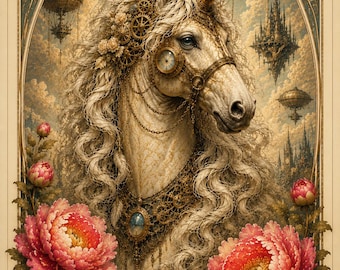 Steampunk Unicorn Wall Art Print | Art Nouveau Fantasy Poster | Celestial Unicorn Decor | Vintage Mechanical Floral Gothic Fantasy Artwork