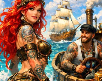 Steampunk Mermaid Poster, Red Hair Ocean Wall Art, Nautical Fantasy Decor, Vintage Print