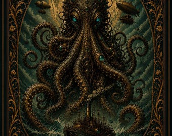 Steampunk Kraken Wall Art | Mechanical Octopus Poster | Dark Nautical Art Nouveau Print | Victorian Fantasy Ocean Decor