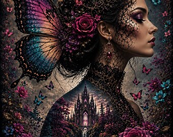 Gothic Fairy Moon Castle Poster | Dark Fantasy Butterfly Wall Art | Gothic Castle & Skull Art Print | Mystic Floral Decor