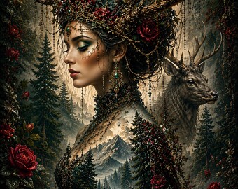 Dark Forest Queen Gothic Fantasy Poster | Moon Castle Wall Art | Enchanted Deer & Antler Queen | Dark Cottagecore | Gothic Home Decor