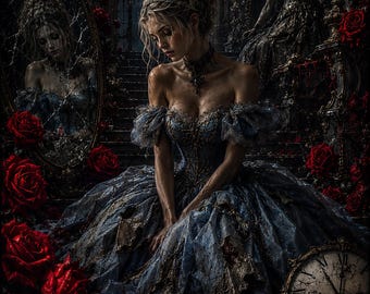 Dark Cinderella Gothic Fantasy Poster, Red Rose Castle Wall Art, Dark Fairytale Princess Print, Gothic Rococo Decor, Moody Fantasy Artwork