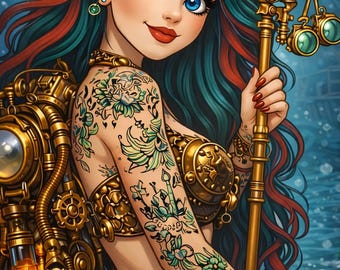 Steampunk Mermaid Poster, Fantasy Ocean Wall Art, Gothic Tattoo Style Decor, Vintage Nautical Print