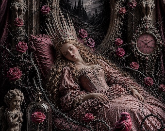 Gothic Sleeping Beauty Poster, Dark Fairytale Princess Wall Art, Pink Rose Fantasy Decor, Victorian Gothic Rococo Print