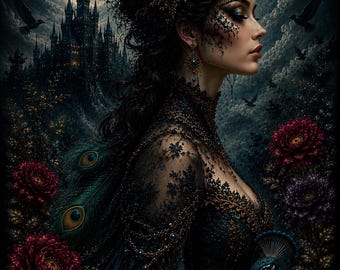 Dark Peacock Queen Gothic Fantasy Poster | Gothic Rococo Surreal Art Print | Dark Cottagecore Decor | Unframed Print