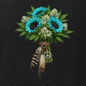 May include: A bouquet of turquoise sunflowers with dark brown centres and green leaves. The bouquet is tied with twine and adorned with feathers and a peace sign charm against a black background.