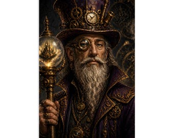 Può includere: Ritratto di una persona anziana con una lunga barba bianca che indossa un cilindro viola decorato con ingranaggi dorati e un quadrante. Indossa un monocolo e un cappotto viola con finiture dorate, tenendo un bastone con una sfera di cristallo luminosa.