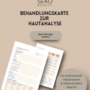 Puede incluir: Imagen promocional de SEKO BEAUTY con un formulario de análisis de piel. El formulario es blanco con secciones para información del cliente, estilo de vida y detalles de la condición de la piel. El texto incluye "BEHANDLUNGSKARTE ZUR HAUTANALYSE" y "Jetzt Vorlage sichern".