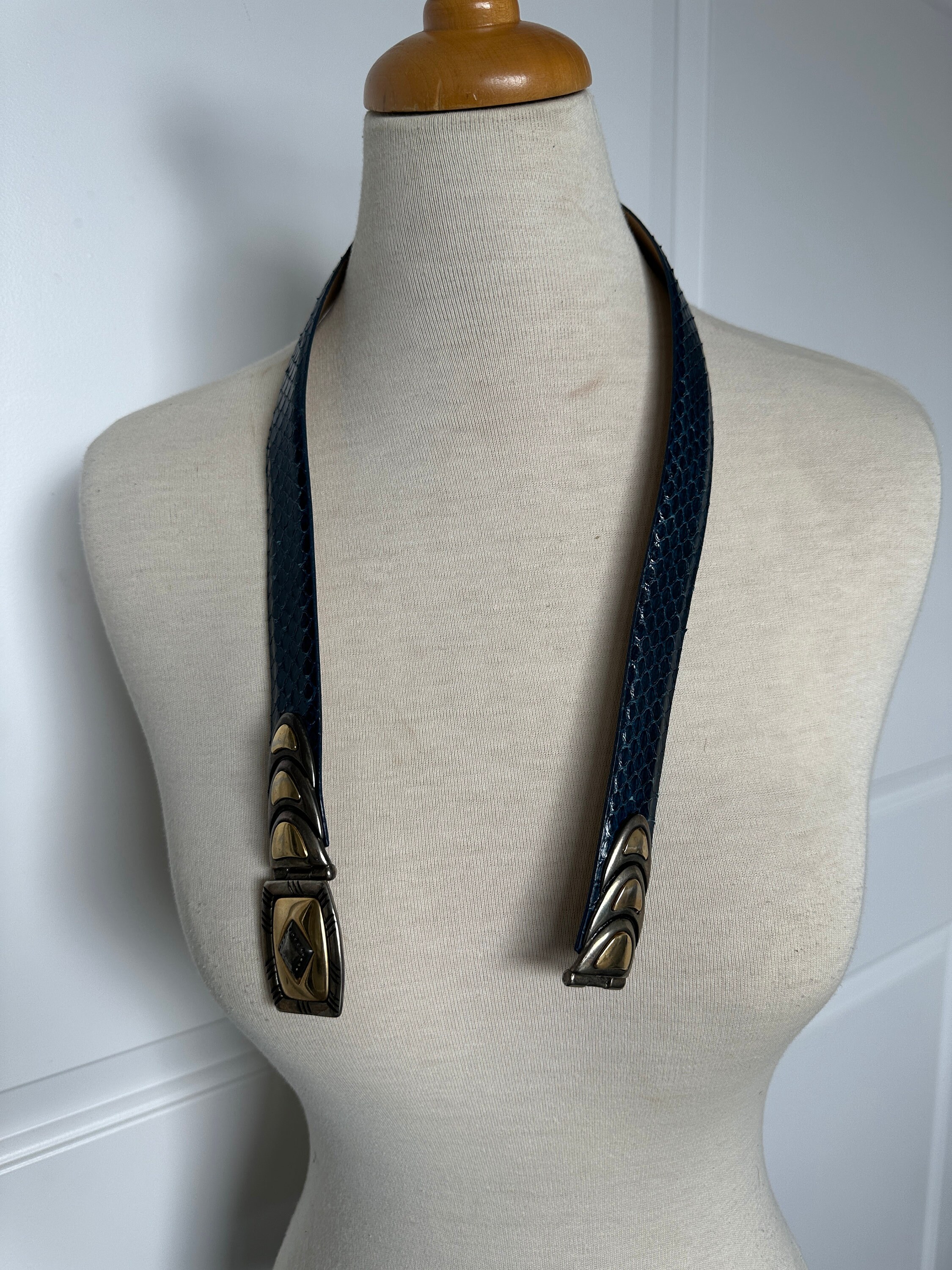 Women’s Vintage Emmanuel Pour Canada Genuine Reptile Belt  .5in W Gold Hardware  Vintage Emmanuel Genuine Reptile Belt - Bright Blue and Gold  main image 3