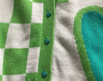 80s TAMRA Cotton HEART Cardigan, perfect for Valentines Day. Checkered sweater