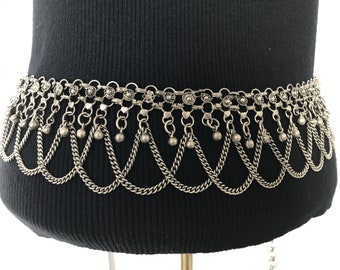 Silver Tone Metal Mesh Belt With Dangling Charms and Chains