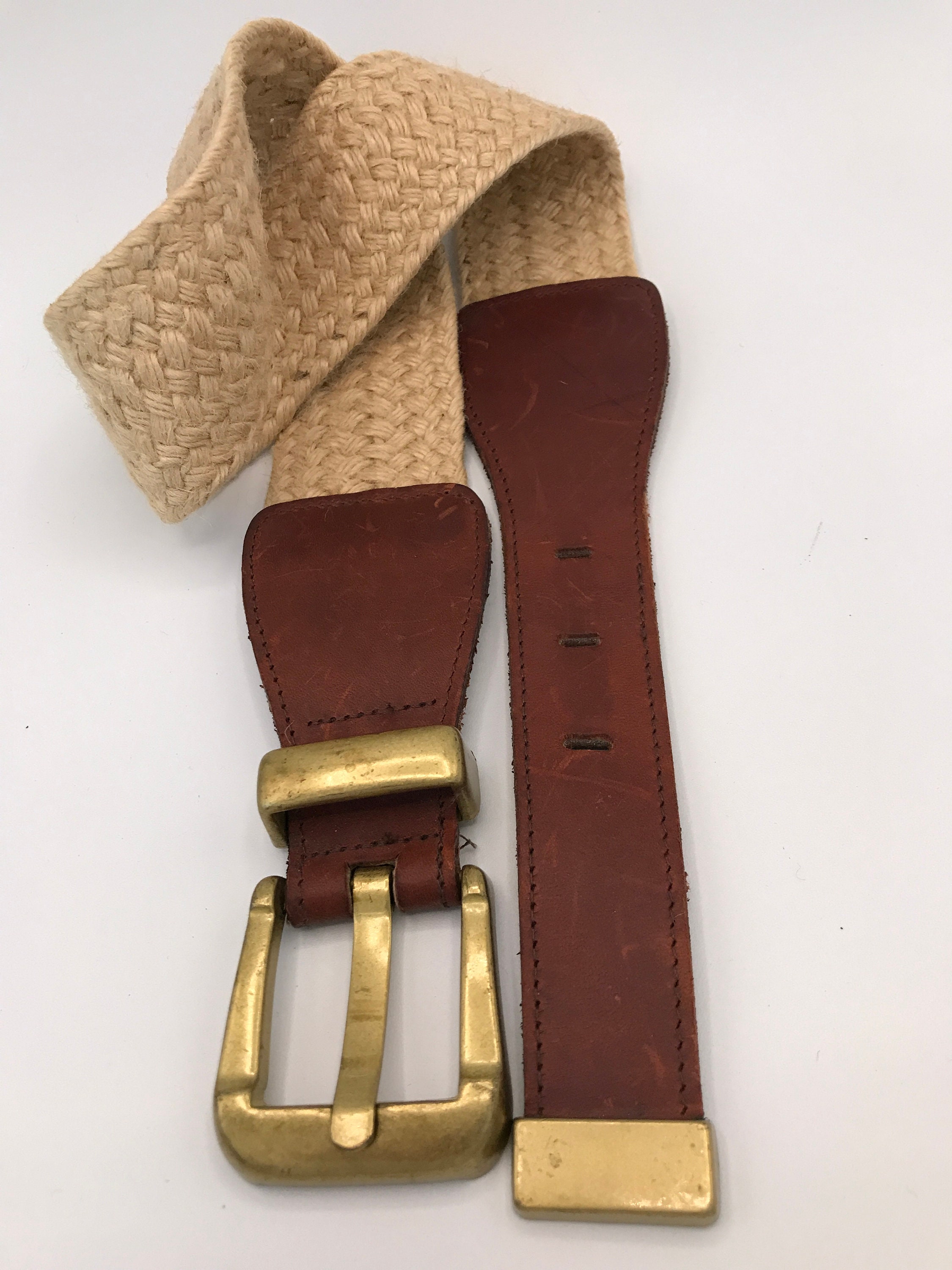 Wide Brown Braided BELT,  ROUND copper Buckle BoHo Chic Haute Hippie 31-35”, LC Woven Leather Cinch Belt, Round Buckle, Wide Braided Boho  main image 4