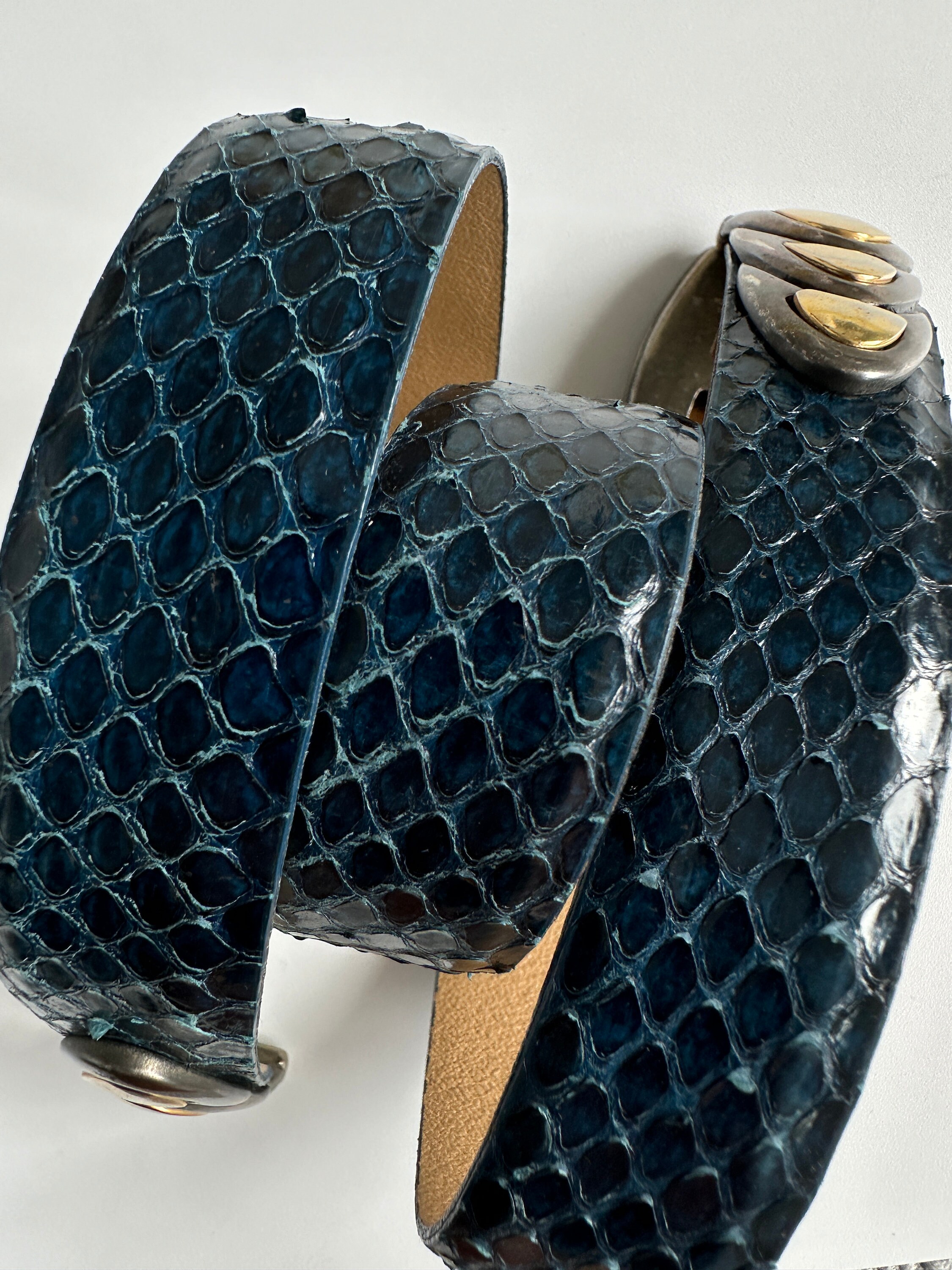 Vintage Emmanuel Genuine Reptile Belt - Bright Blue and Gold 