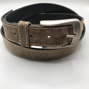 Men&#39;s Beige/Gray Leather Belt, Made in Canada L-XL