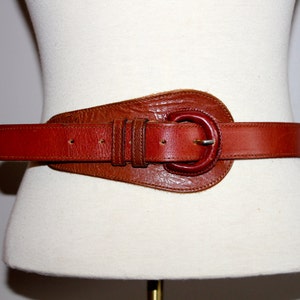 vintage 1960s BROWN LEATHER belt with leather buckle abstract made in INDIA rare boho hippie small medium