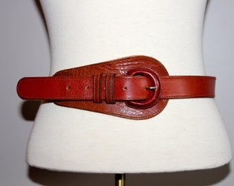 vintage 1960s BROWN LEATHER belt with leather buckle abstract made in INDIA rare boho hippie small medium