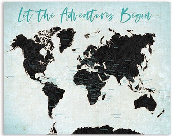 World Map with Country Names, Wedding Guest Book Alternative,  Wedding Guest Book, Guest Book Map, Black and Teal Wedding