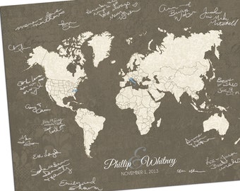 Custom World Map, Custom Map Gift, Personalized Map, Wedding Guest Book Alternative Map, Outlined World Map, hereandthereshop