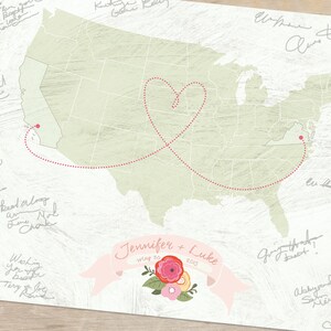 May include: A map of the United States with a red dotted line tracing a heart shape from California to Virginia. The map is signed by many people and includes the text "Jennifer + Luke May 30, 2015".