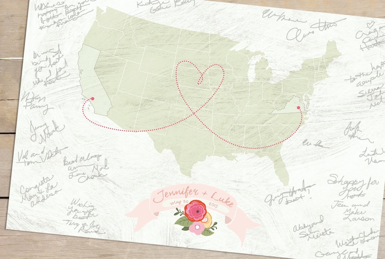 May include: A map of the United States with a red dotted line tracing a heart shape from California to Virginia. The map is signed by many people and includes the text "Jennifer + Luke May 30, 2015".
